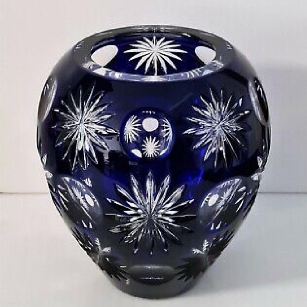 Deep Cobalt Cut-Glass Vase with Starburst Motif